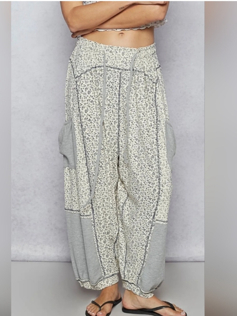 POL Oversized Sunday Slowdown Knit Floral Print Patchwork Knit Pants Pockets
